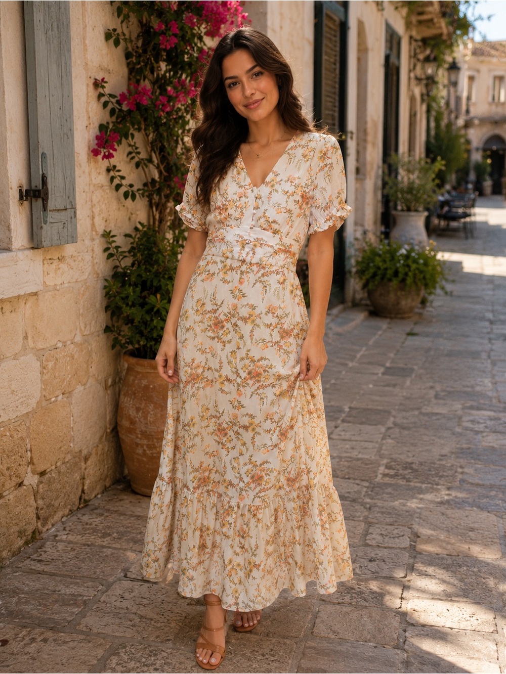 Leith Cream Maxi Dress with Peach Floral Accents
